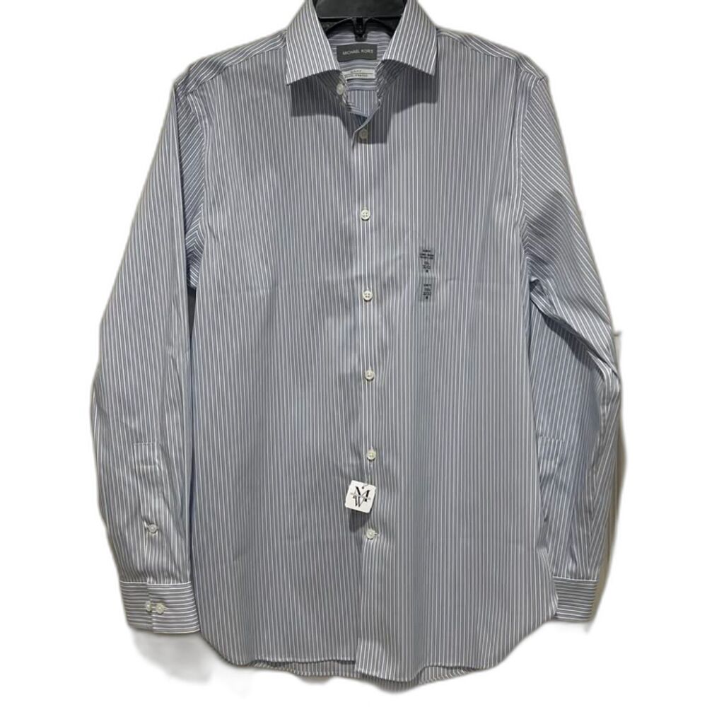 NWT Michael Kors Slim Fit Travel Stretch Blue White Striped Shirt 15.5 x 32/33